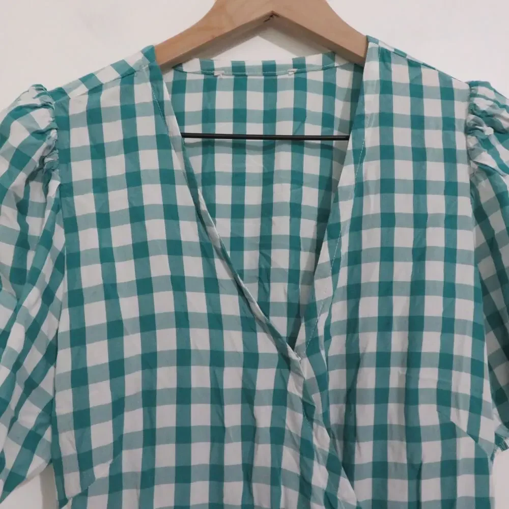 LOFT Women Sz S Teal White Gingham Plaid Surplice V Neck Wrap Blouse Puff Sleeve